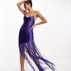 ASOS DESIGN fringe cowl halter maxi dress in purple